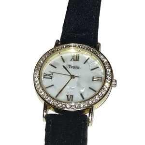 Trelu Womens Gold Tone Watch Faux Mother of Pearl Dial Crystal Bezel Blk Velvet